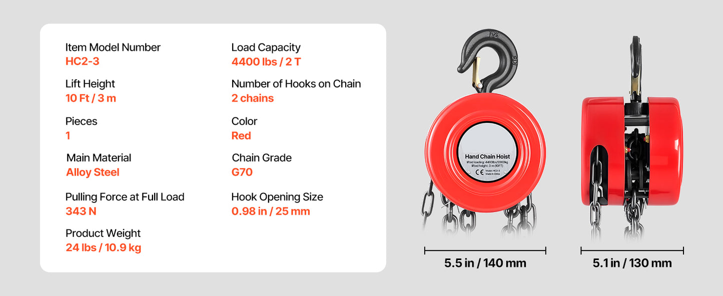 1T/2T Manual Chain Hoist with 8-20 ft Lift Height
