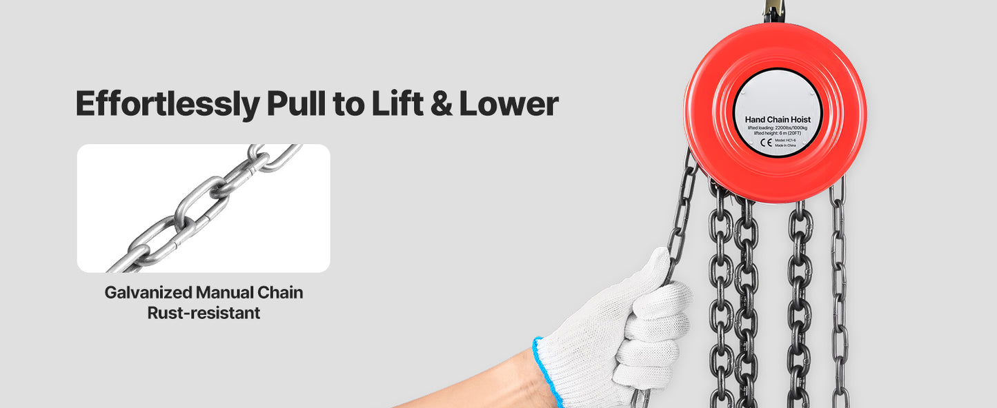 1T/2T Manual Chain Hoist with 8-20 ft Lift Height