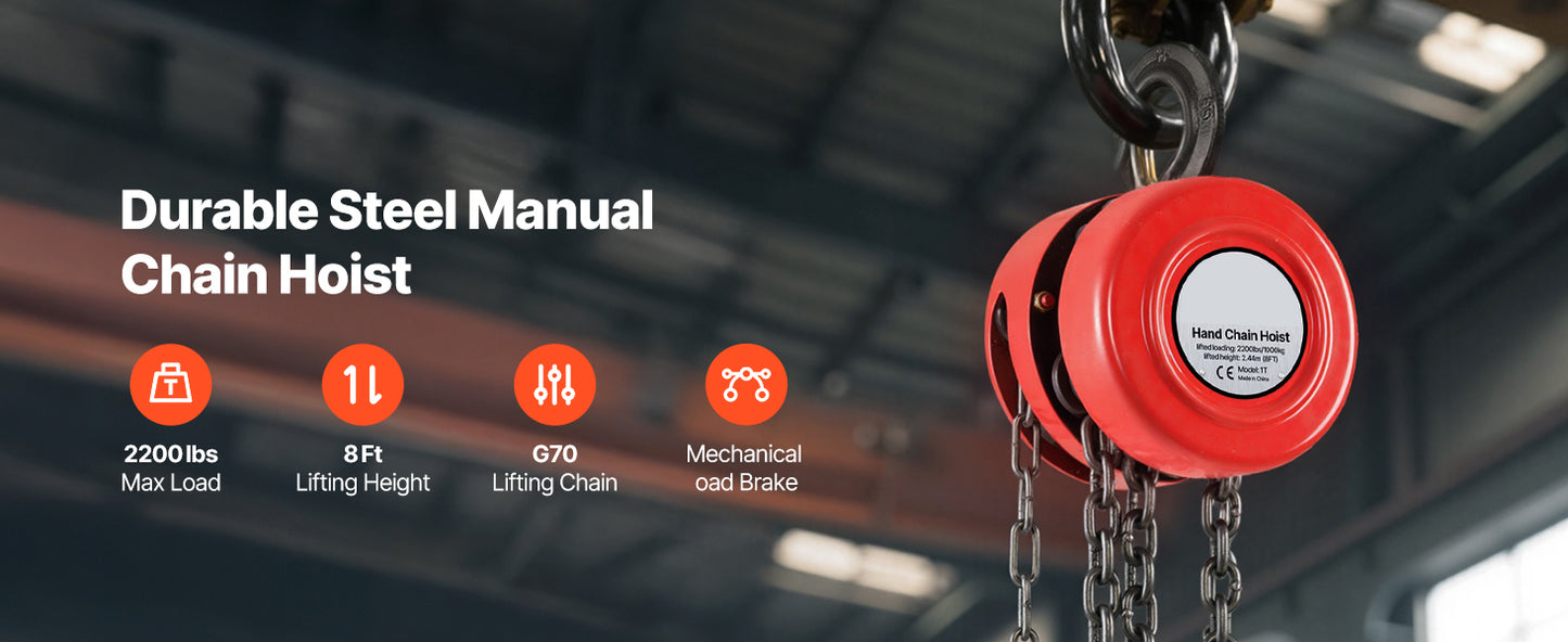 1T/2T Manual Chain Hoist with 8-20 ft Lift Height