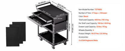 Rolling Tool Cart 5-Tier with Pegboard & 2 Drawers