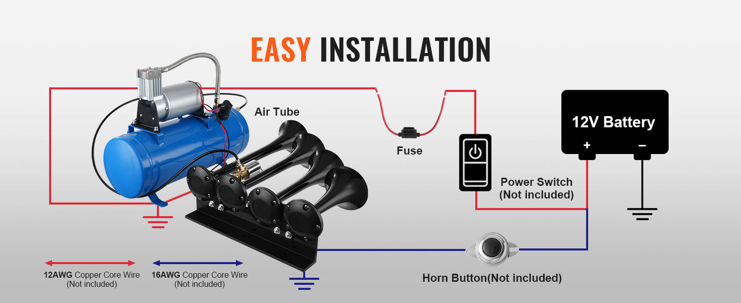 4-Trumpet Train Horn Kit 150dB - 12V Air System